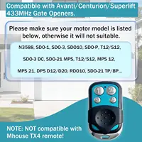 433.92MHz รีโมทคอนโทรลทดแทนสำหรับอวานติ TX4 เข้ากันได้กับอวาติ ซุปเปอร์ลิฟท์ เซ็นทูเรียนประตูโรงรถ ประตูเปิด-ปิด 2 แพ็ค 2