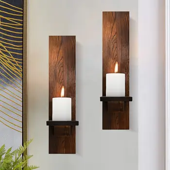 Set of 2 Rustic Wooden Wall Candle Sconces – Vintage Pillar Holders 1