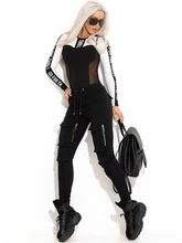  Oshoplive Black&White Split Joint Mesh Bodysuits&Zipper Pants Cool Girl Suits Women Casual Fashion Sexy Sportswear For Women 