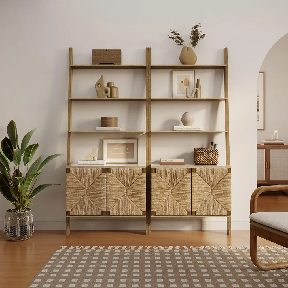 71" Tall Bookshelf, 4 Ladder Shelves Etagere Bookcase with 2-Door Cabinet Storage,Large Bookshelf Organizer, 3