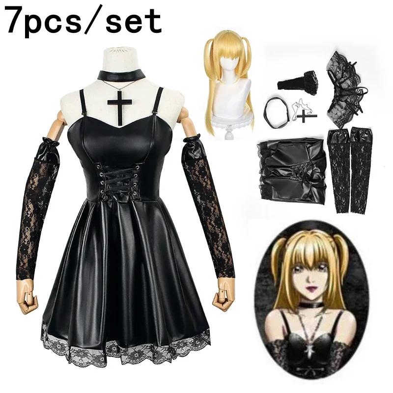 

Death Note Cosplay Costume Misa Amane Imitation Leather Sexy Dress +gloves+stockings+necklace Uniform Outfit Cosplay Costume