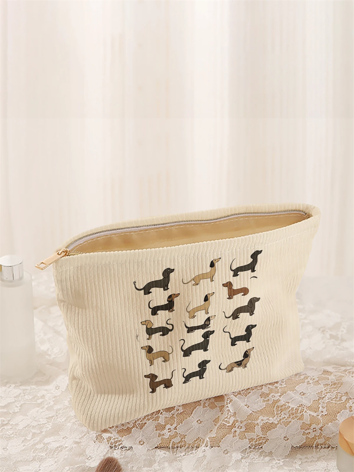 1pc cartoon dog pattern printed corduroy makeup bag, lightweight zipper makeup storage box, multifunctional bag with lining
