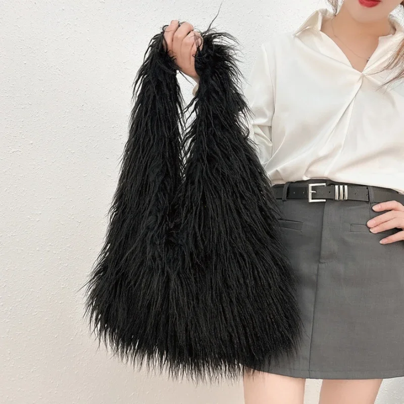 2026 NEW Wool Women's Plush Shoulder Bags Y2k Hot Girls Faux Fur Drawstring Bucket Bag Fashion Female Furry Purse Tote Handbags