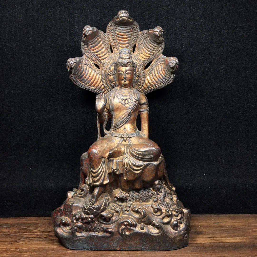 

11"Tibetan Temple Collection Old Bronze Cinnabar mud gold Nagarjuna 5-eyed snake Backlight Worship Hall Town house