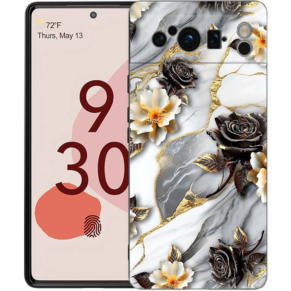 Elegant Flower Marble Design Shockproof Phone Case - Soft TPU Black Cover