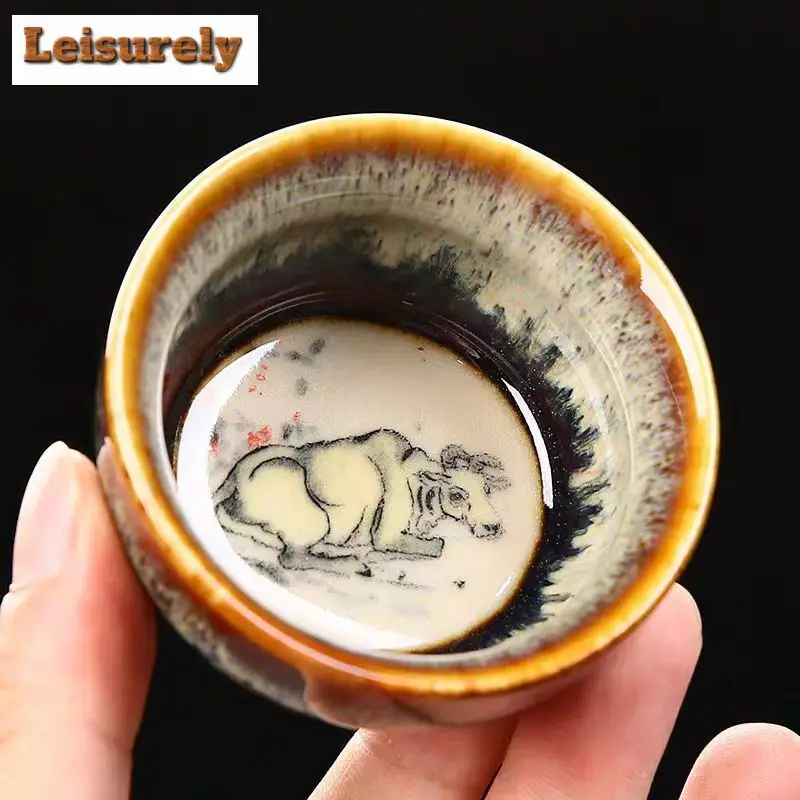 Retro Kiln Transformation Ceramic Teacup Zodiac Jianzhan Coffee Cup Household Water Bowl Crude Pottery Tea Bowl Drinkware 65ml