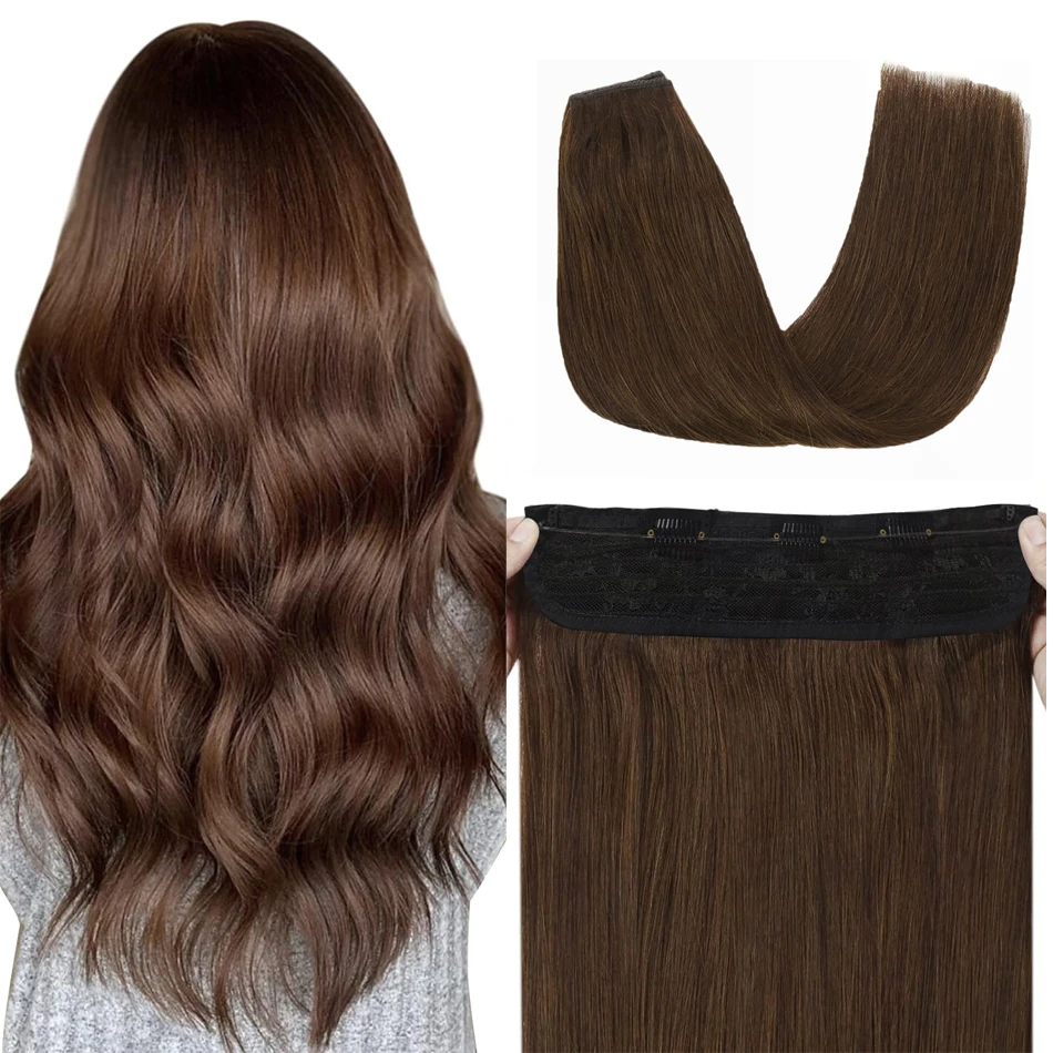 Chocolate Brown Color #4 Fish Line Real Human Hair Wire Adjustable Size 3 Secure Clips Wire Hair Extensions 16-26 Inch For Salon
