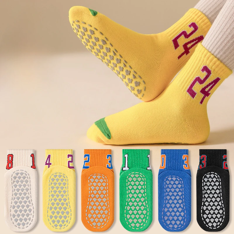 Children's Socks Non-slip Glue Floor Trampoline Four Seasons Simple Letter Trend Student Indoor Yoga Socks 6 Pairs childrens socks