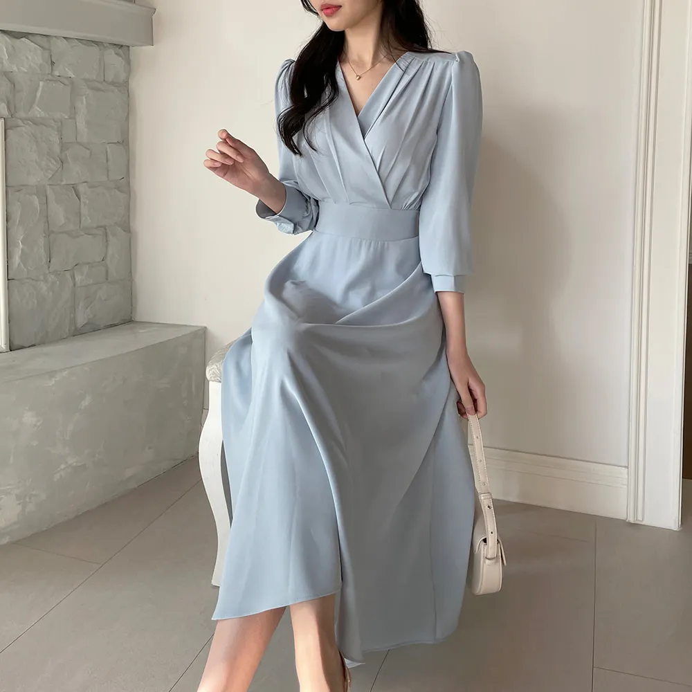Korean Fashion Autumn Midi Dresses for Women Long Sleeves V-neck A-line Solid Casual Dress Office Lady Clothing New