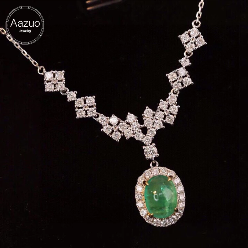 Aazuo Banquet jewelry 18K White Gold Natural Emerald Real Diamond Flower Oval Necklace Gifted For Women  Engagement Party Au750