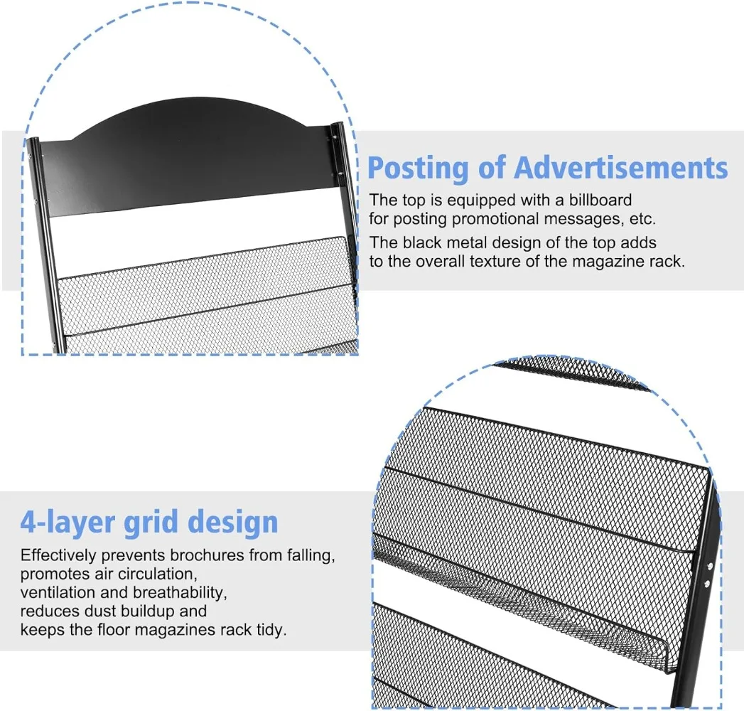 Floor-Standing Magazine Rack 4-tier Newspaper Holder Book Display Shelf brochure Display Stand for Exhibitions Shopping Malls 4