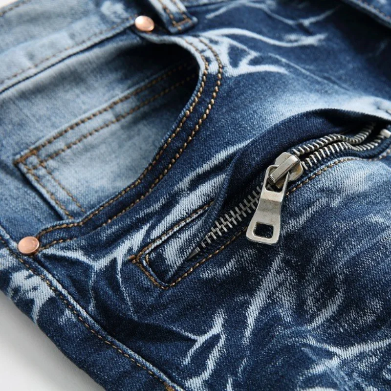 Zipper Pocket Retro Nostalgic Jeans Men's New Style High Street Motorcycle Fashion Stretch Slim Straight Denim Trousers Male 6