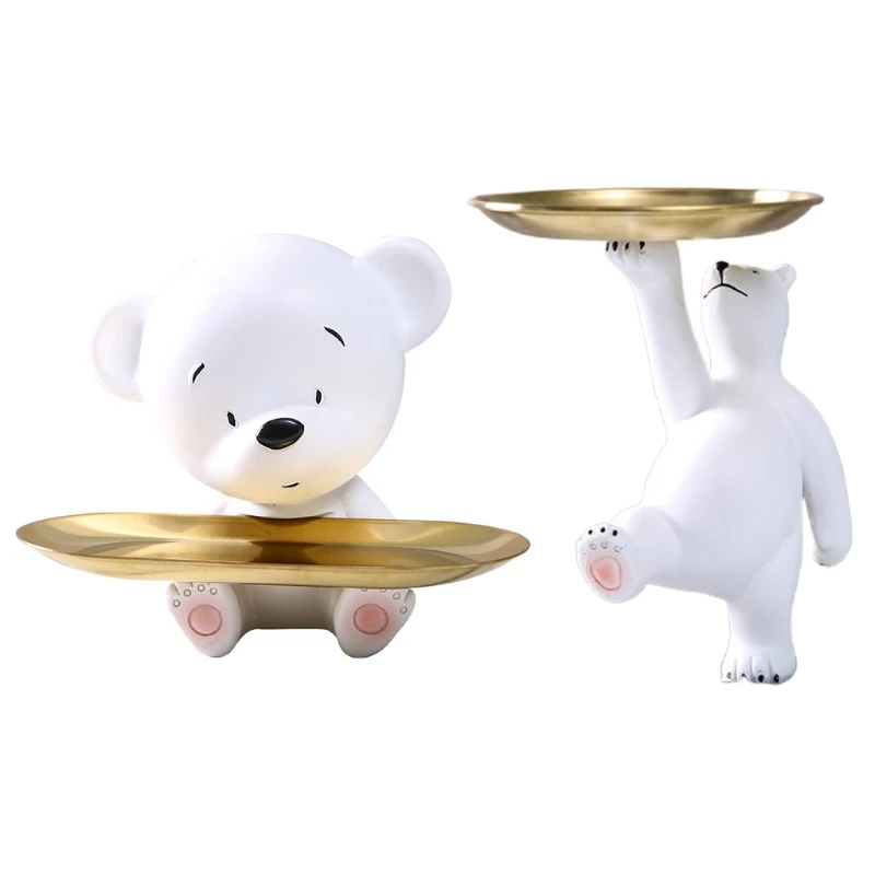 

Nordic White Bear Statue with Storage for Key Tray Fruit Jewelry Snacks Candy Plate Shelf Resin Figurine Desk T21C