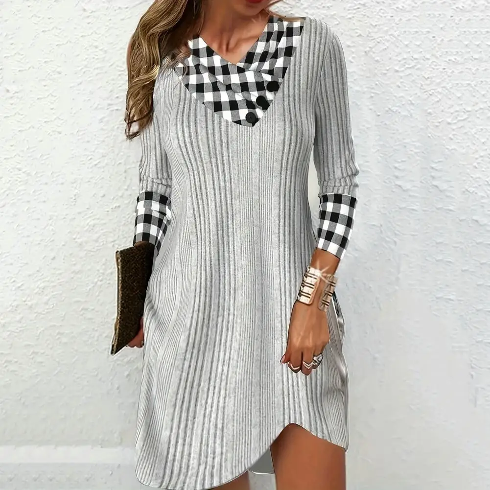 

Casual Dress Plaid Print V Neck Winter Dress Colorful Patchwork Loose Fit Soft Warm Lady's Mini Dress Long-sleeved Casual Dress