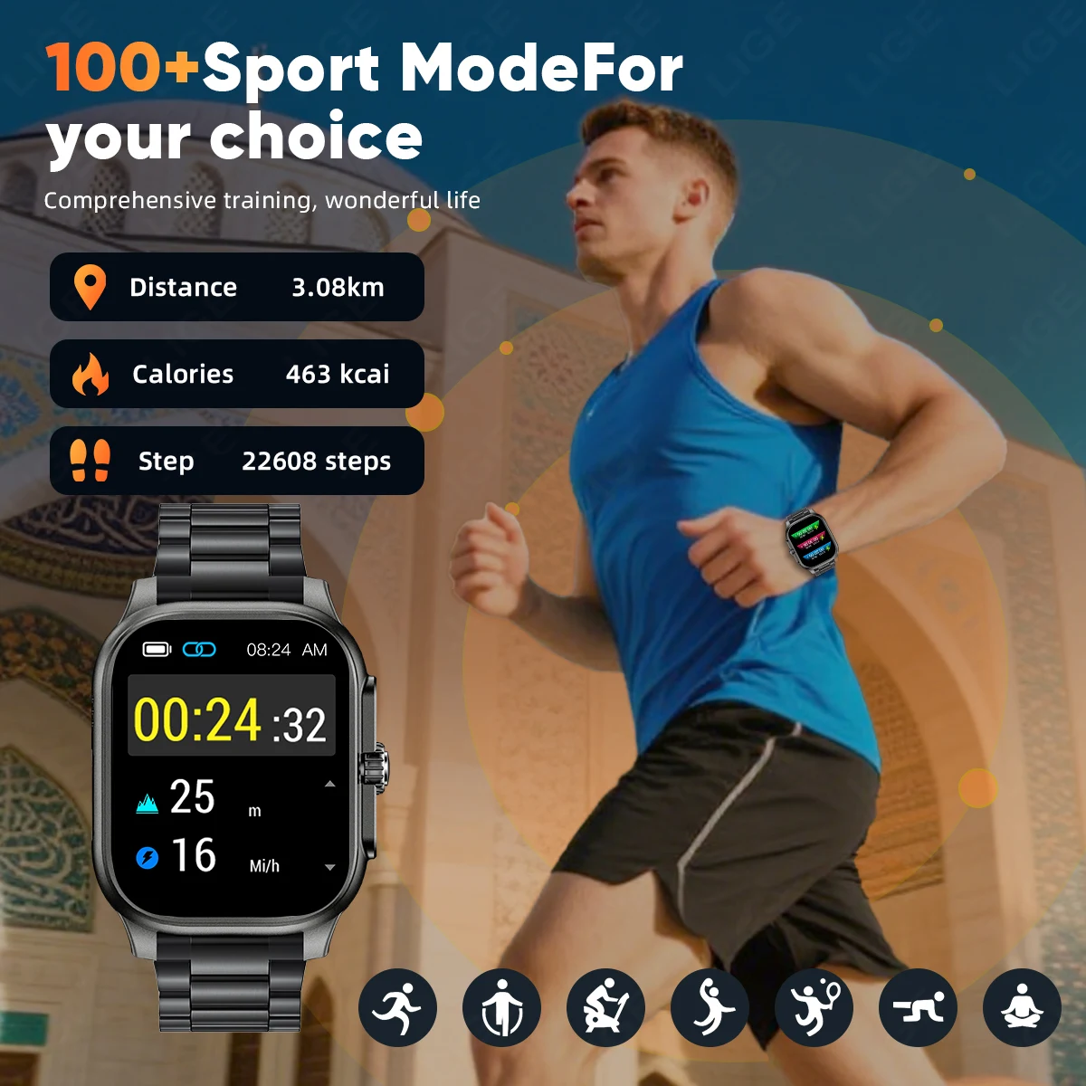 LIGE Quran Tasbih Smartwatch For Muslim 4GB Memory 400mAh Battery Quran Hadith Audio Watches Bluetooth Call 2.01" Smart Watch