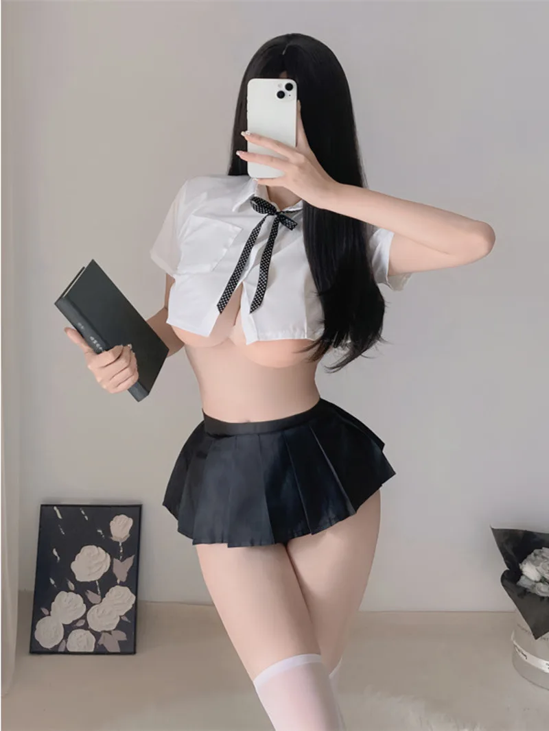 

Net Red Underwear Transparent Student Mature Charm Hollow Out White Shirt Collar Rope Bow Uniform Plaid Pleated Skirt Set H8IZ