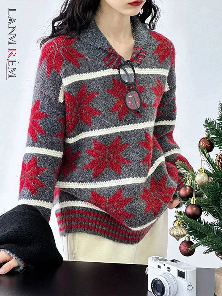 

[LANMREM] Striped Christmas Knitting Pullover Sweater For Women V Neck Casual Loose Warm Female Tops 2024 Spring New 26D7732