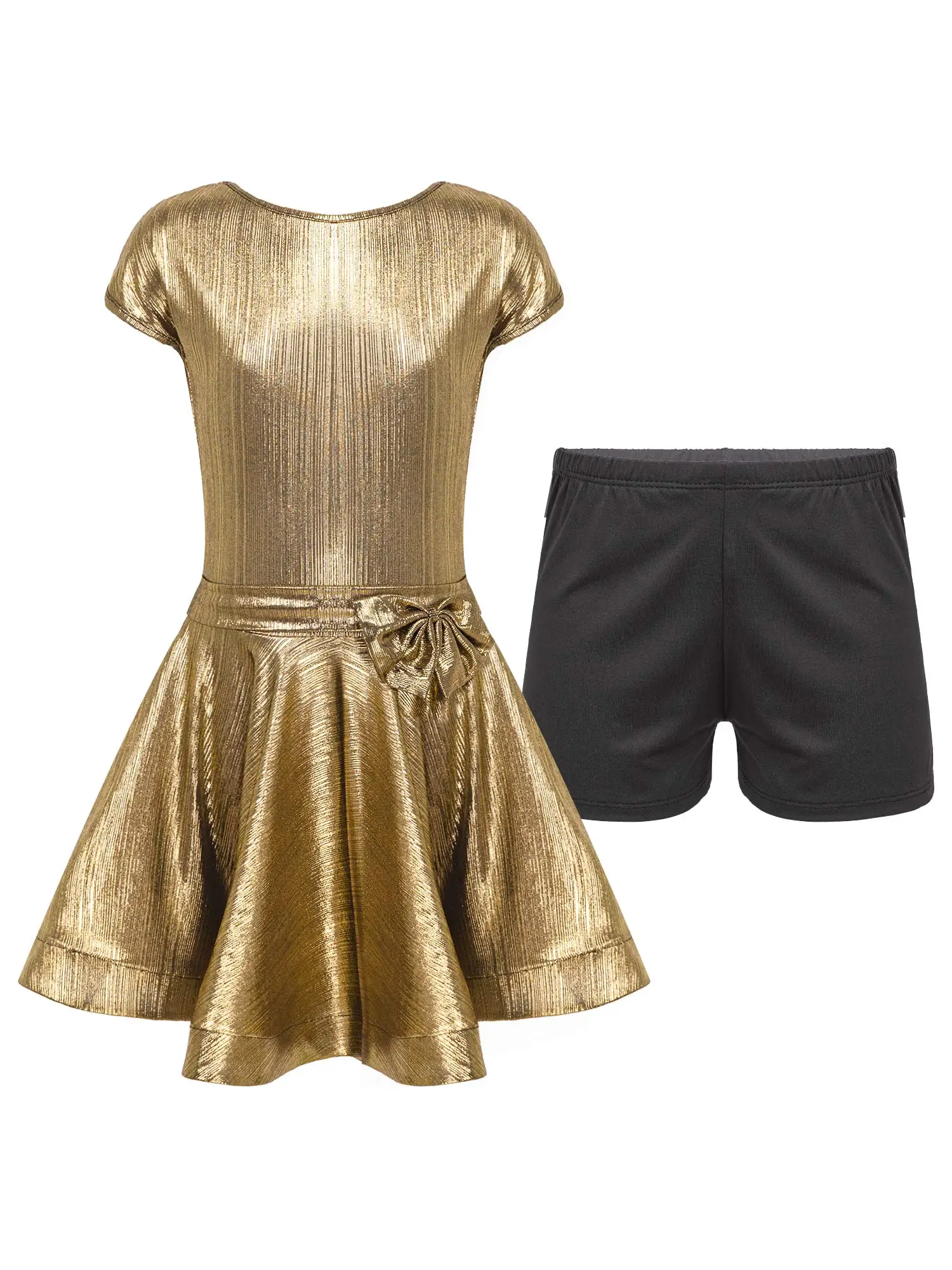 

Kids Girls Stylish Clothing Round Neckline Shiny Cloth Dance Dress with Shorts and Bowknot Waist Belt For Stage Performance