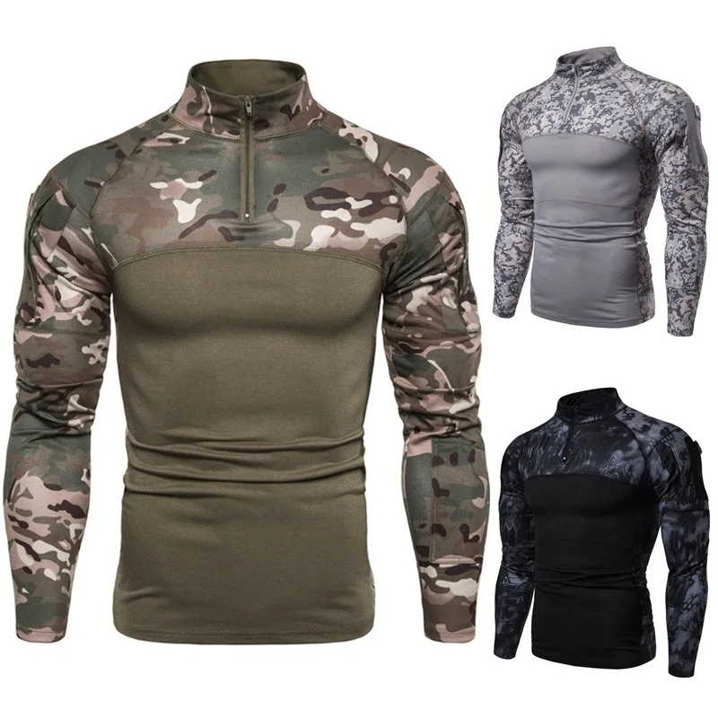 

Outdoor Mountain Climbing Training Long Sleeve Slim Fit Camo Casual Standing Collar Cotton Autumn Youth Tactical T-shirt