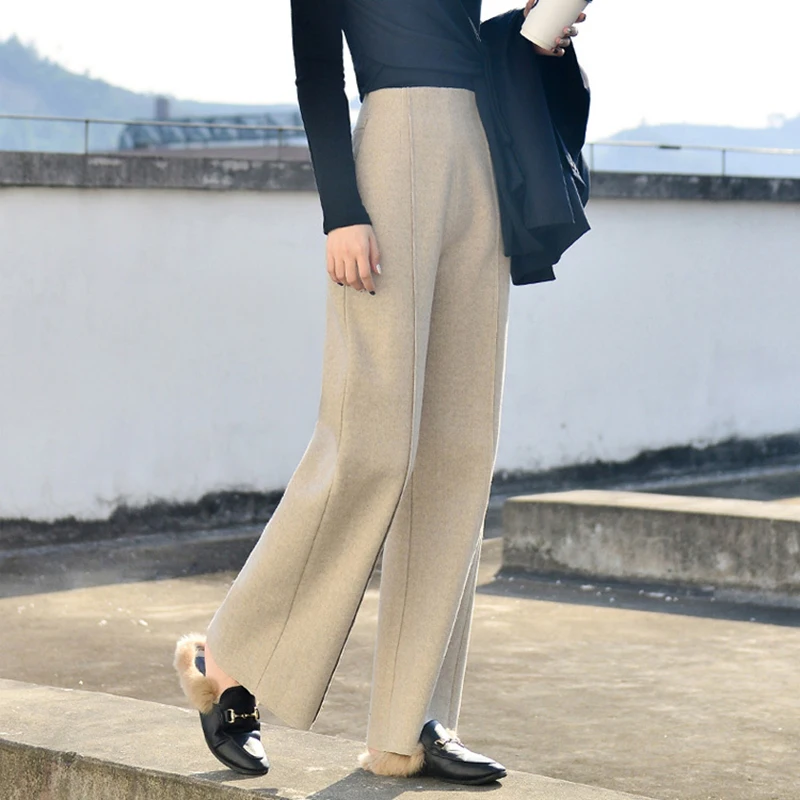 Women'S Woolen Wide Leg Pants 2023 Korean Fashion High Waist Suit Baggy Trousers Ladies Office Plus Size 2xl Winter Pantalones