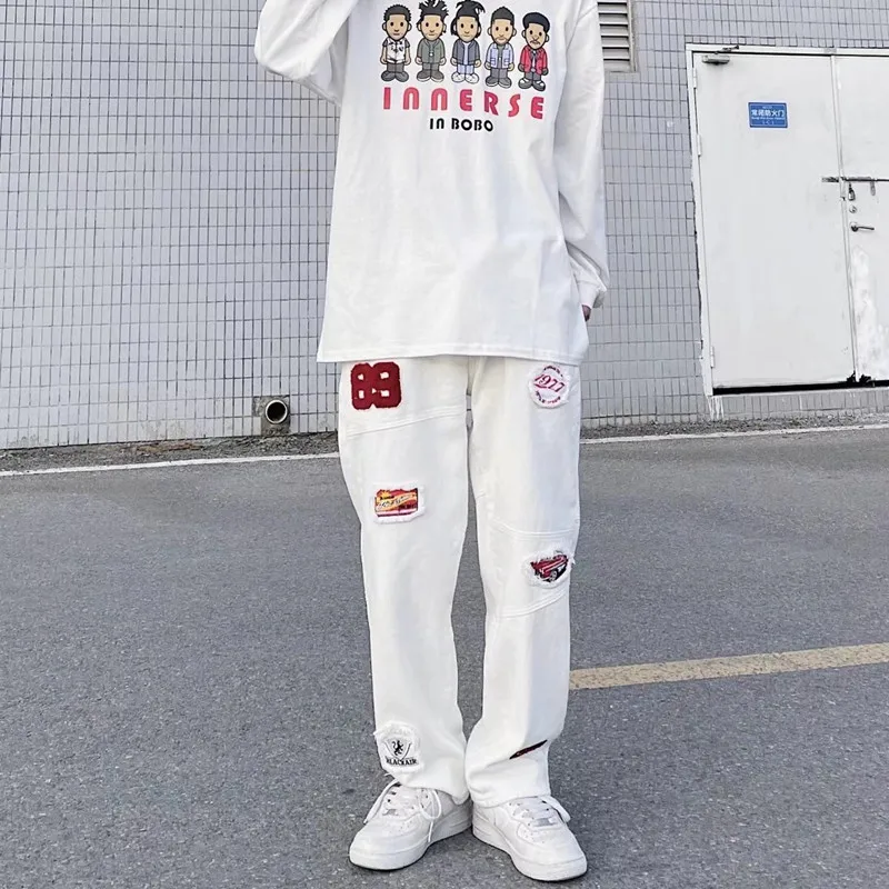 Vibe Patch Embroidery White Hip Hop Men Cargo Jeans Pants Y2K Clothes Multiple Pockets Straight Baggy Long Trousers Ropa Hombre