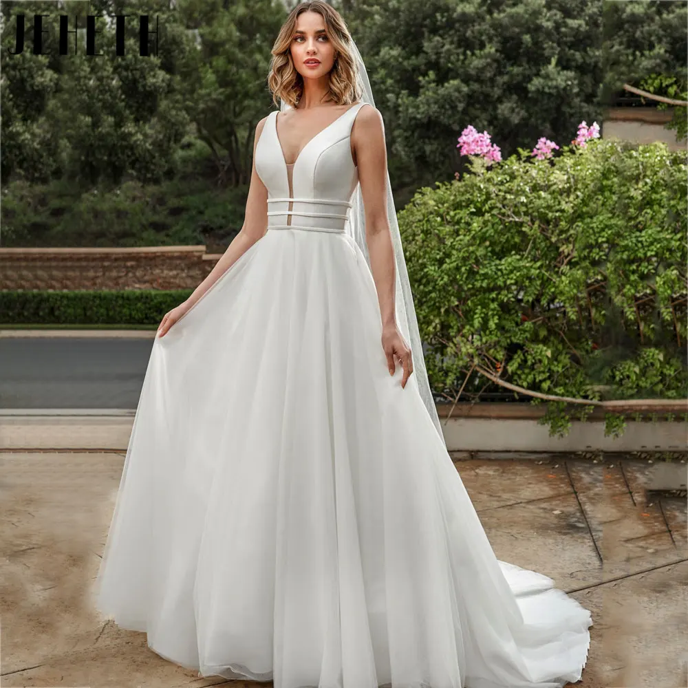 

JEHETH A-Line Spaghetti Straps Tulle Bride Dresses Deep V-Neck Backless Wedding Gowns Sleeveless vestidos de fiesta Custom Made