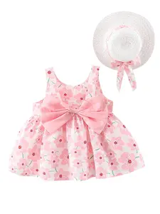 Летняя одежда для новорожденных, одежда для маленьких девочек, корейское милое хлопковое пляжное платье без рукавов с принтом + сарафан, пла...