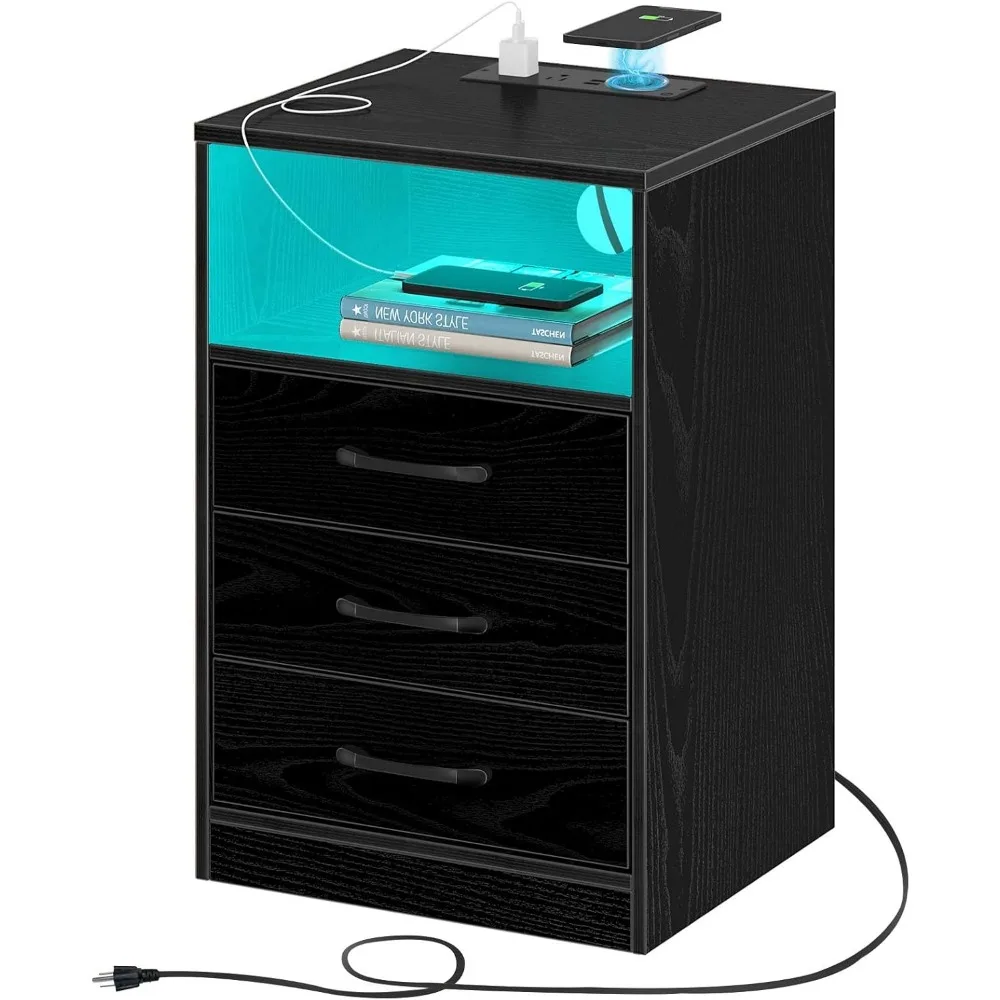 Nightstand with Wireless Charging Station and LED Lights, End Side Table with 3 Drawers and Open Compartment, Nightstand 6