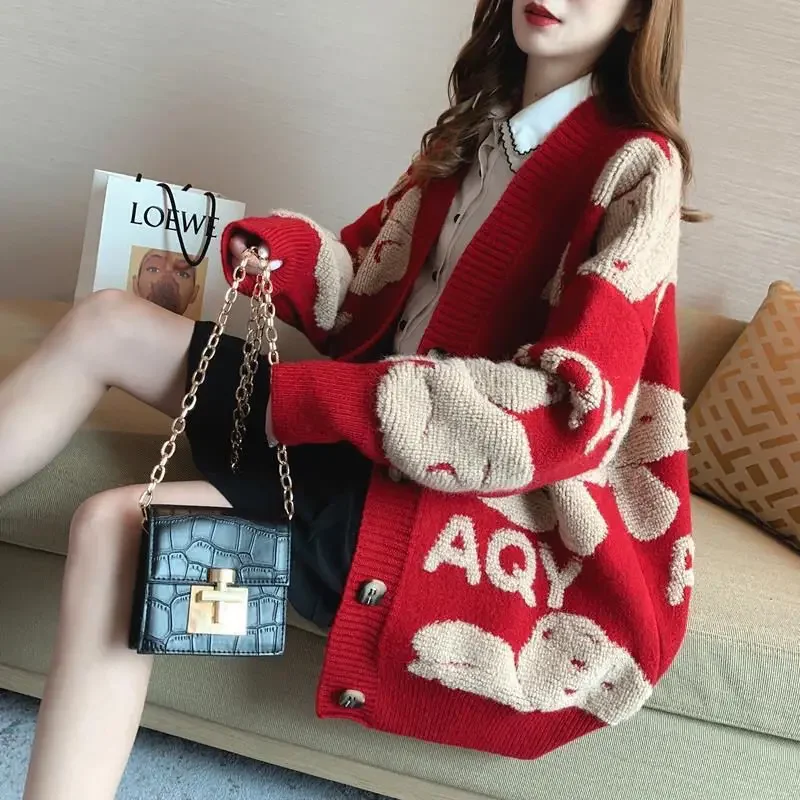 

Korean Style Towel Embroidered Letter Bear Knitted Cardigan Autumn and Winter New Large Size Lazy Loose Sweater Women's Jacket