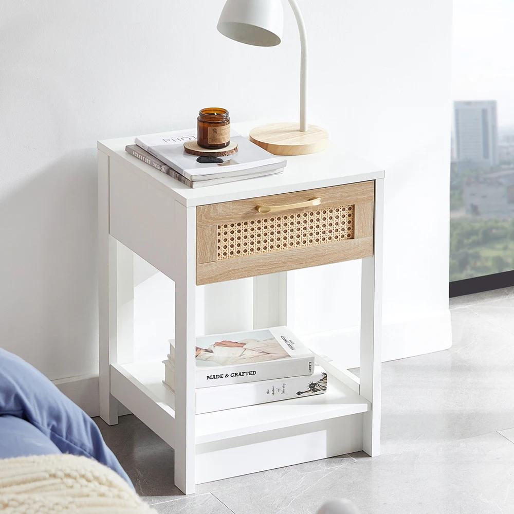 Moderner Rattan-Beistelltisch mit Schublade, Nachttisch, multifunktionaler Beistelltisch für Wohnzimmer, Schlafzimmer, H55×B40×H40cm – Detail 17