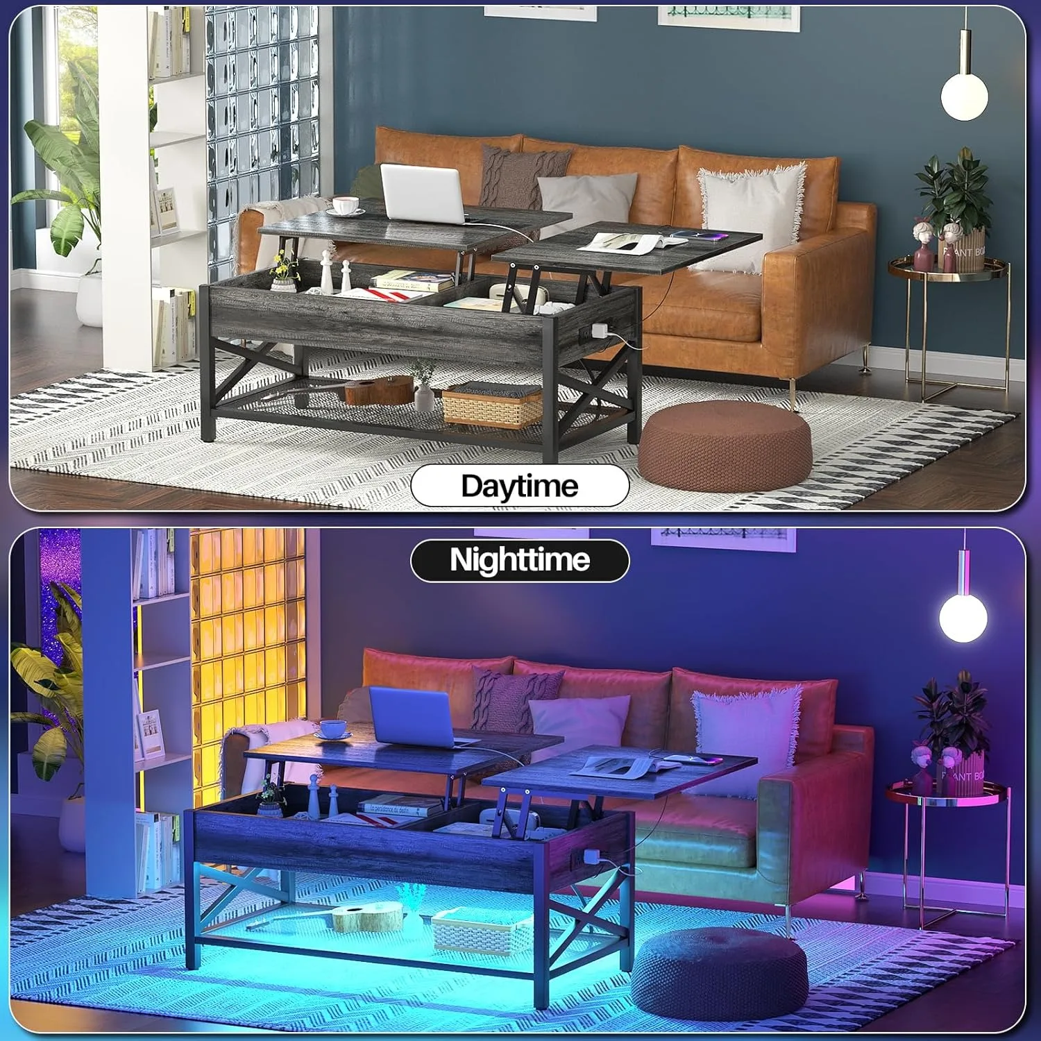 Coffee Table, Lift Top Coffee Table with LED light and Power Outlet, Modern Lift-Top Table with Storage Shelf, Metal Frame 6