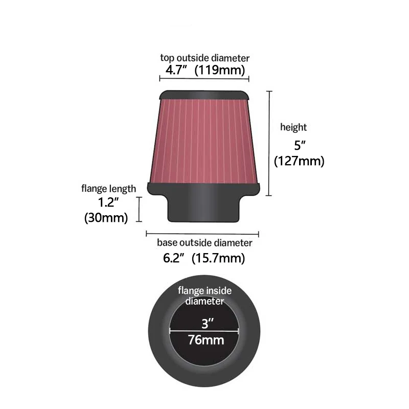 76mm/3inches Car Cold Air Filter Intake Induction Kit K&N Element