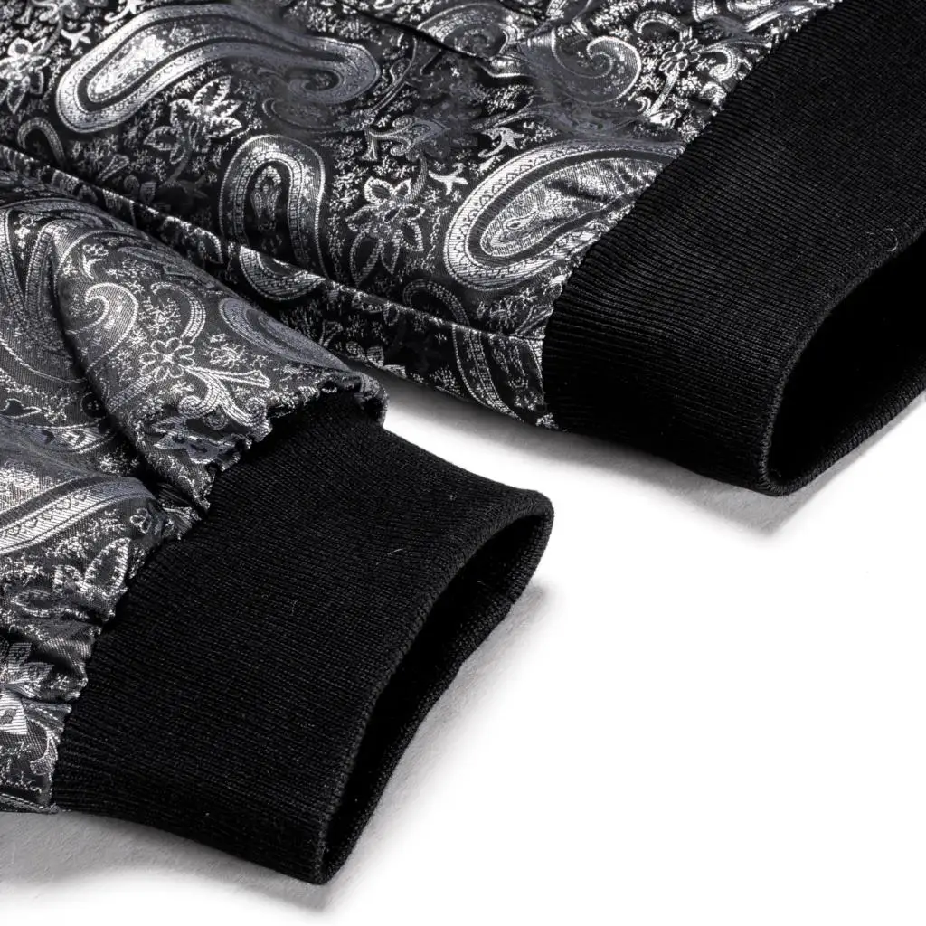 Hi-Tie Silver Mens Jacket Black Shirt Jacquard Paisley Zipper Coat Sport Streetwear Baseball Uniform Windbreaker Stand Collar
