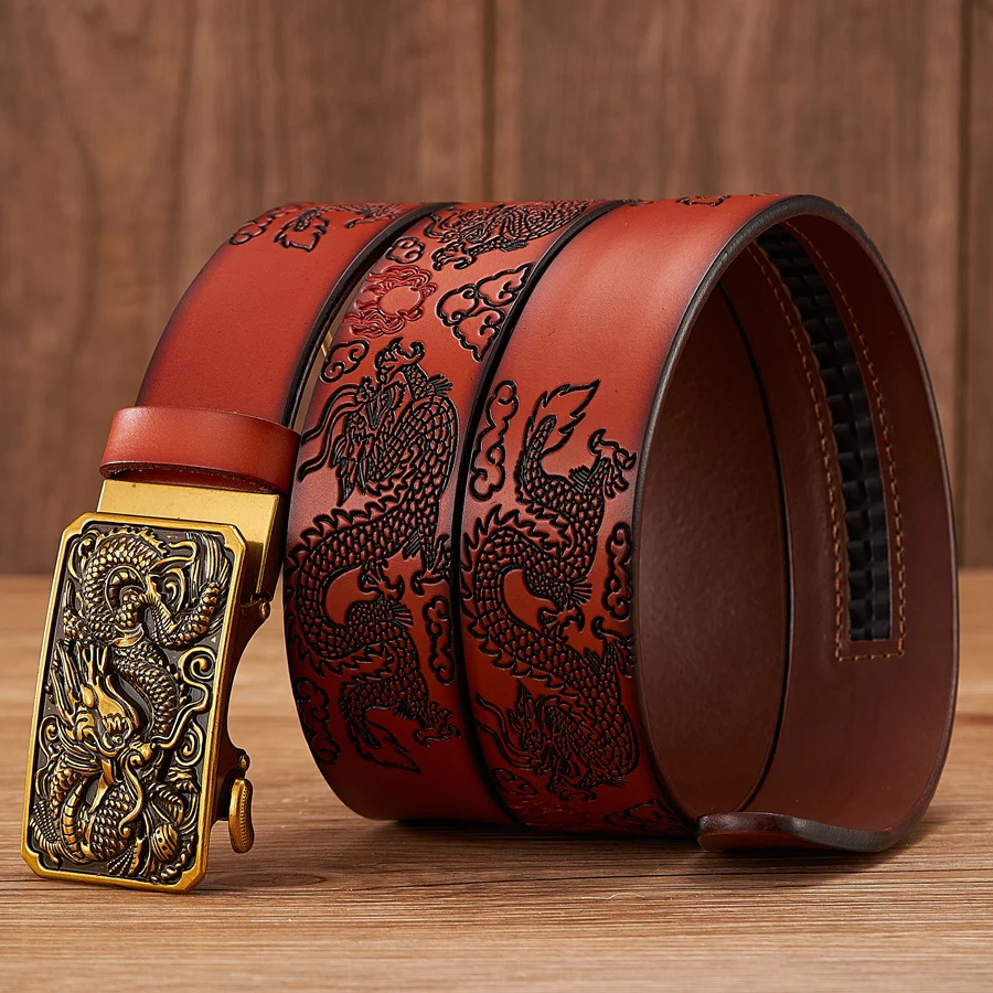 Male Genuine Leather Belts Casual Ratchet Belt with Automatic Buckle Luxury Design Dragon Pattern Belts for Business Men Strap 