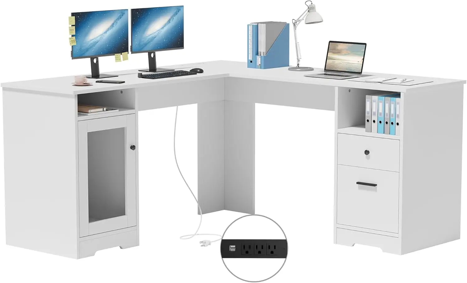 L Shaped Desk with File Cabinet, Corner Computer Desk with Storage Drawers, Large Home Office Table with Power Outlets 6