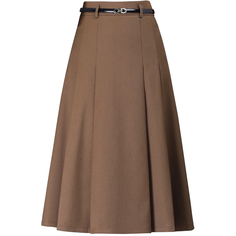 

Women Solid Twill A-Line Skirt With Belt High Waist New Autumn Winter Elegant Midi Skirts Simple Skirts Black Skirts