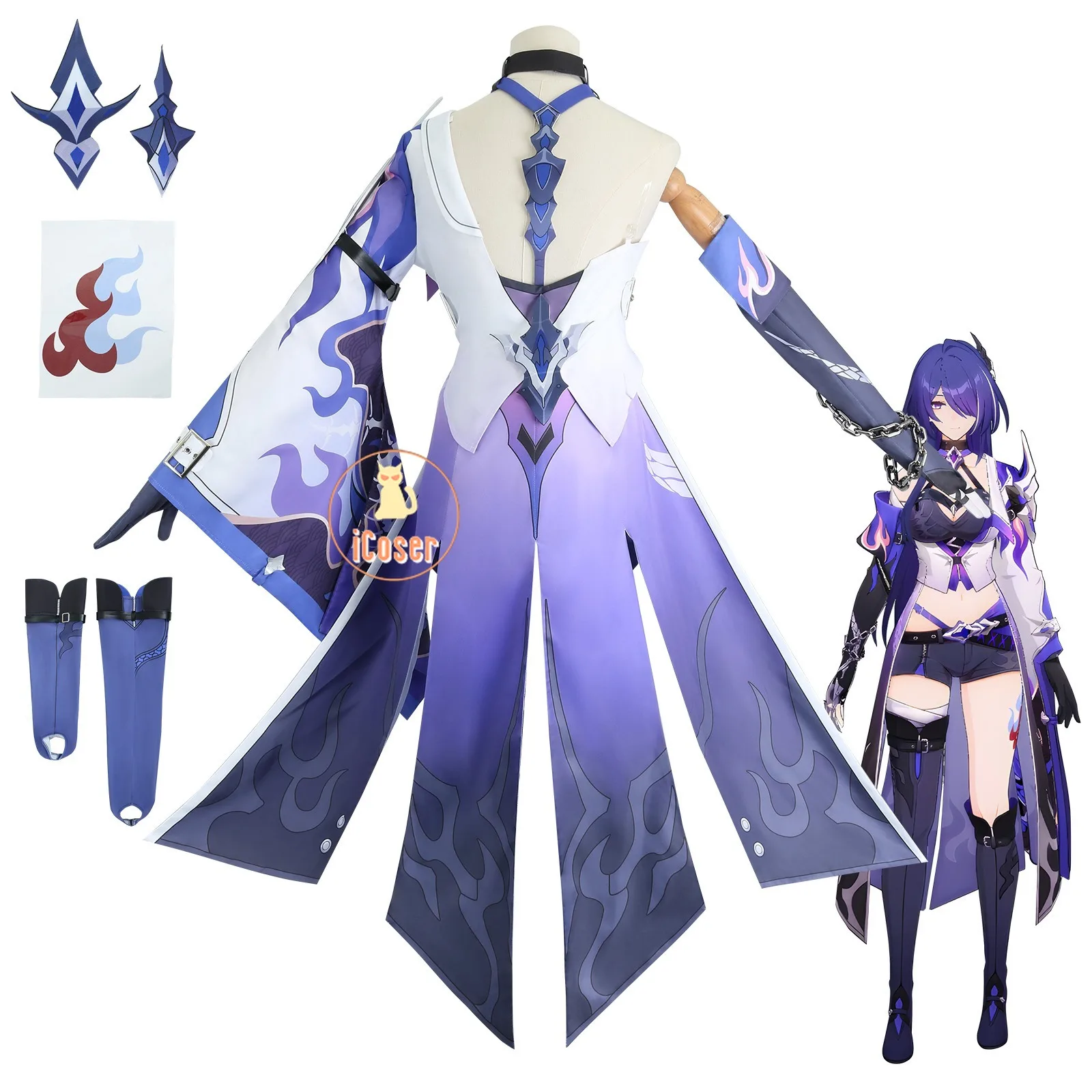 Honkai 스타 레일 아쉐론 코스프레 코스튬 가발 원피스 유니폼 귀걸이 스티커, 모자, 갤럭시 레인저 할로윈 파티, 여성 iCoser
