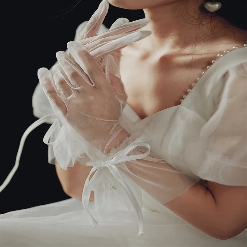 Wedding Dress Lace Gloves Short White Pearls Ruffle Edge Women Bride Bridesmaid Finger Wrist