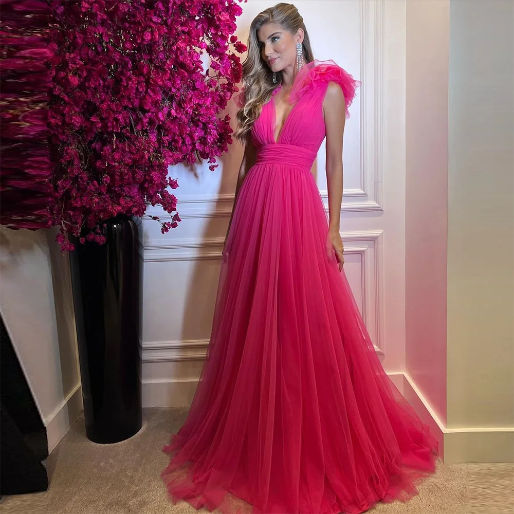

Sevintage Fuschia Tulle Prom Dresses V-Neck Sleeveless Open Back A-Line Pleat Ruched Evening Gowns Special Occasion Gown 2023