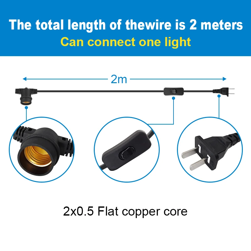 Black 2M US plug Power Cable with switch with 1 E27 lamp holder Power Supply Wire Extension Cord