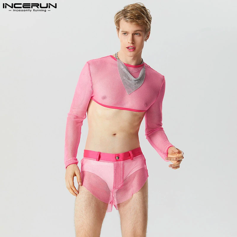 

INCERUN 2023 Men Sets Mesh Transparent Sexy O-neck Long Sleeve Backless Crop Tops & Irregular Skirts 2PCS Solid Men Suits S-5XL