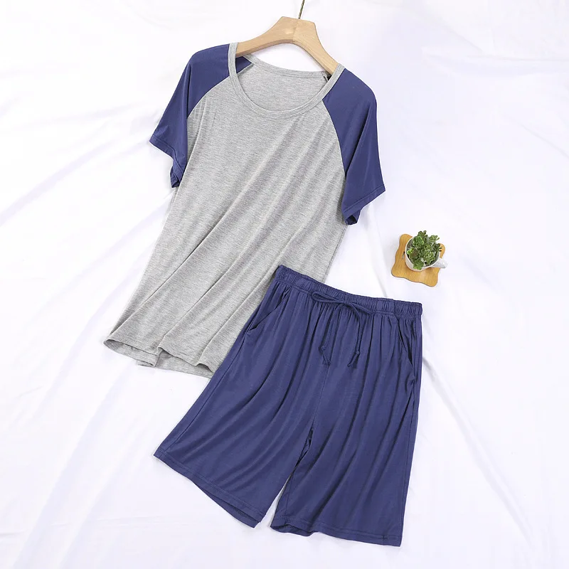 

Летняя повседневная мужская пижама с коротким рукавом, шорты, домашняя одежда, повседневная Лоскутная одежда для сна из модала с круглым вырезом, Мужская пижама с эластичным поясом