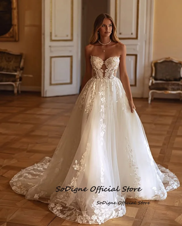 SoDigne A-line Appliques Wedding Dresses Sweetheart Sleeveless Tulle Bridal Dress Beach Wedding Gown Robe De Mairee ﻿Customized 2