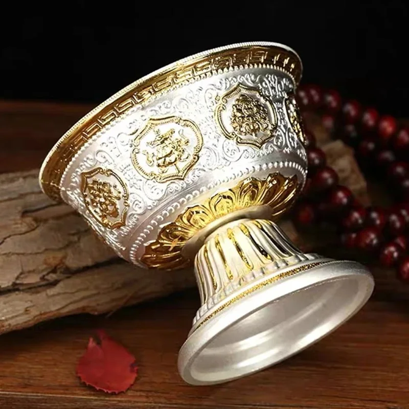 Silver Engraving Buddhism Holy Water Cup Handicraft Alloy Auspicious Tibetan For Buddha Bowl Collection Gift Indoor Decorative