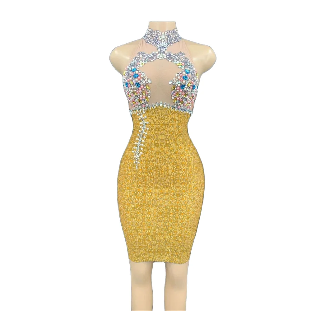 

Women Birthday Celebrate Dress Nightclub Stage Costume Party Dancer Bodycon Dresses Halter Sexy Backless Sheath Dresses