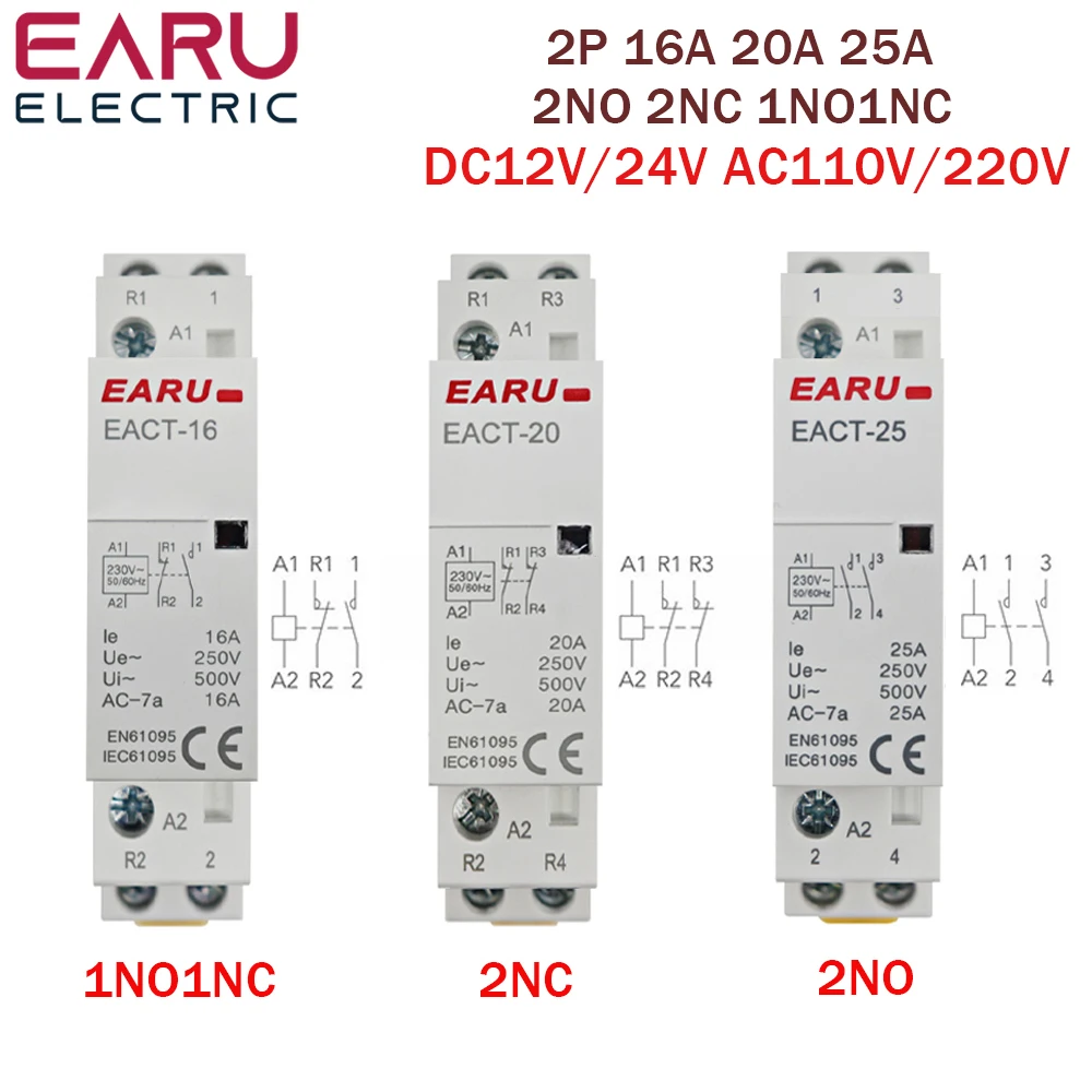 Contattore AC 2P 20A 220V/230V Per Guida DIN - Modulo 1NO+1NC Per Impianti Domestici