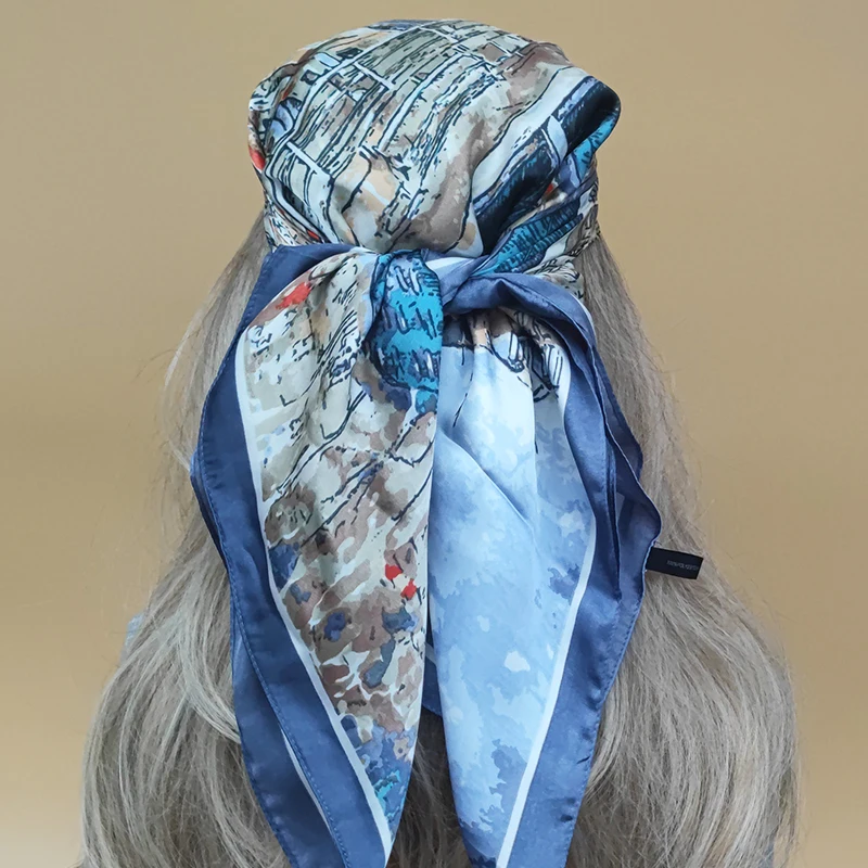 Luxury Kerchief The Four Seasons Design Silk Hijab Popular 70X70CM Square Scarves Beach Sunscreen Women Headscarf