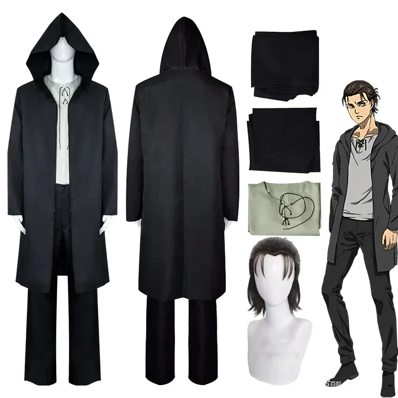 

Eren Jaeger Season 4 Cosplay Costume Anime Attack on Titan Eren Cosplay Black Hooded Trench T-shirt Pants Halloween Clothes