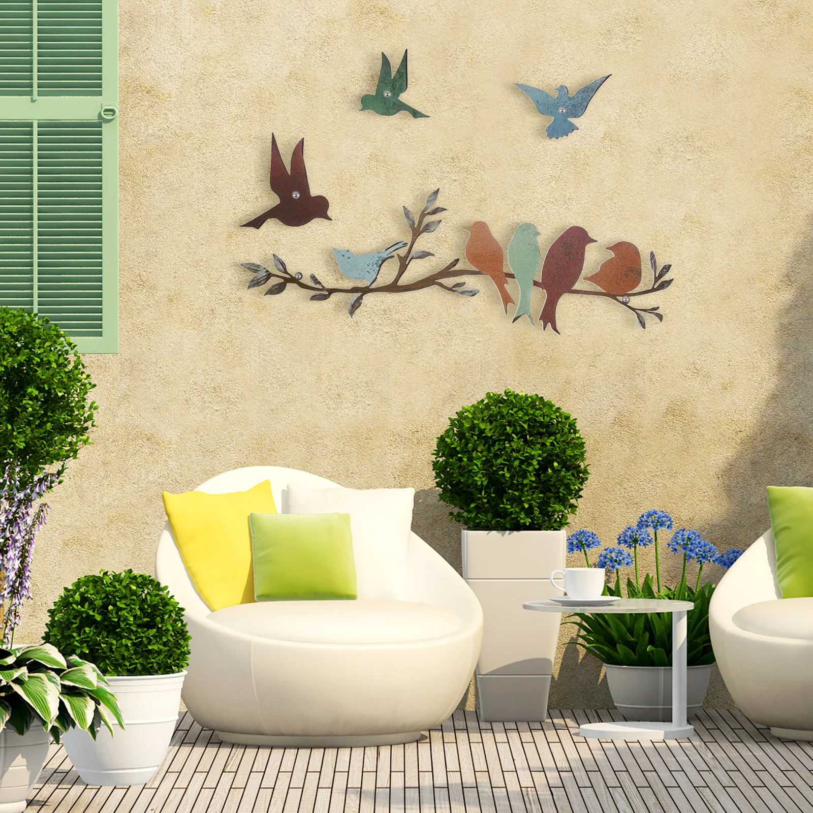 ESTART 2 decorazioni artistiche da parete in metallo, uccelli vivaci su ramo, decorazione da parete con foglie colorate con uccellino, scultura da parete per casa, balcone, giardino, interni ed
