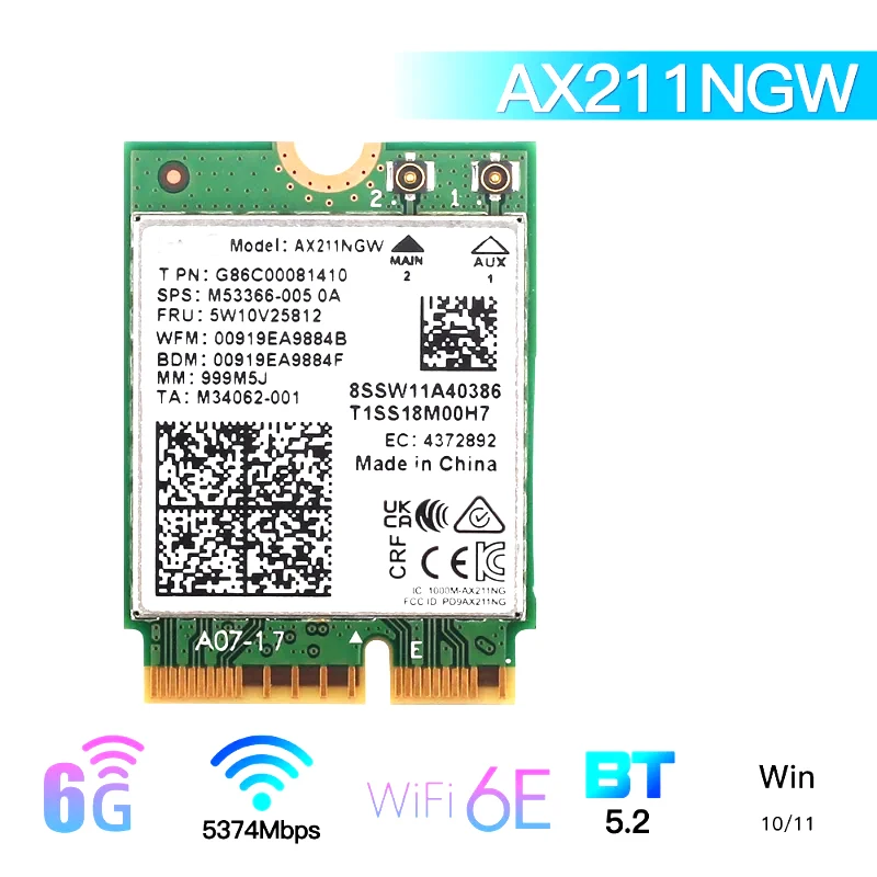 Adaptateur de carte réseau Wifi sans fil WiFi 6E AX211NGW Tri bande 2.4G/5G/6Ghz pour BT 5.2 AX211 M.2 KeyE CNVio2 Win10